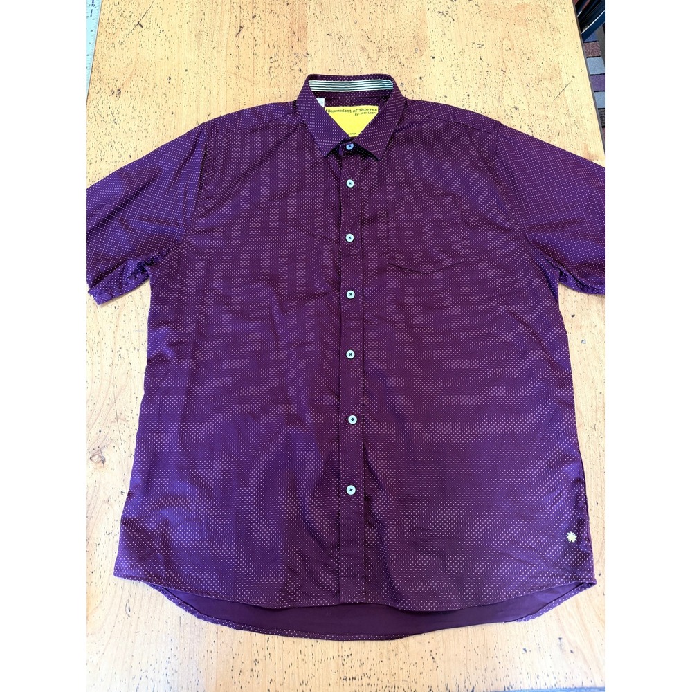 Descendant of Thieves Button Down XL Mens Burgundy Polka Dot Short Sleeve Shirt